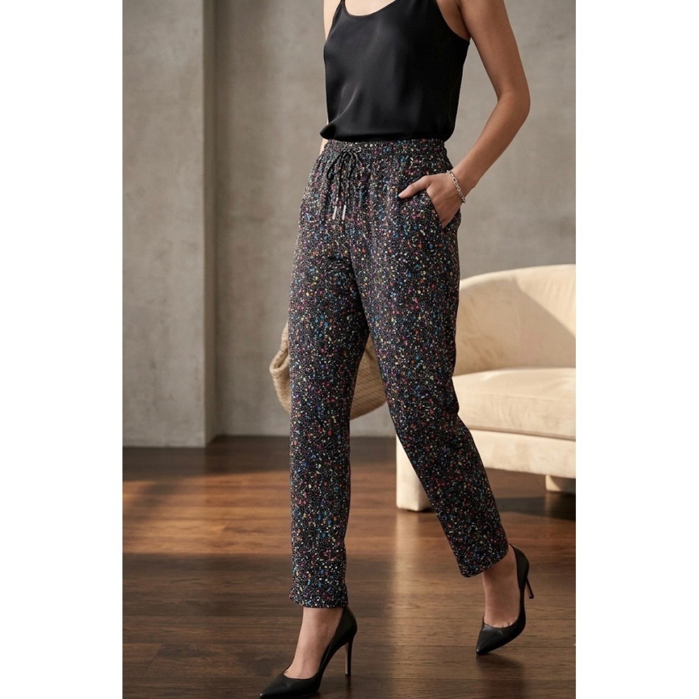 Diane von Furstenberg (DVF) Silk Drawstring Pants - Paint Splatter Print, Size 8